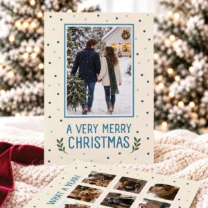 Family Photo Card Blue Polka Dot Happy Holiday Card Printable Couple Christmas Card