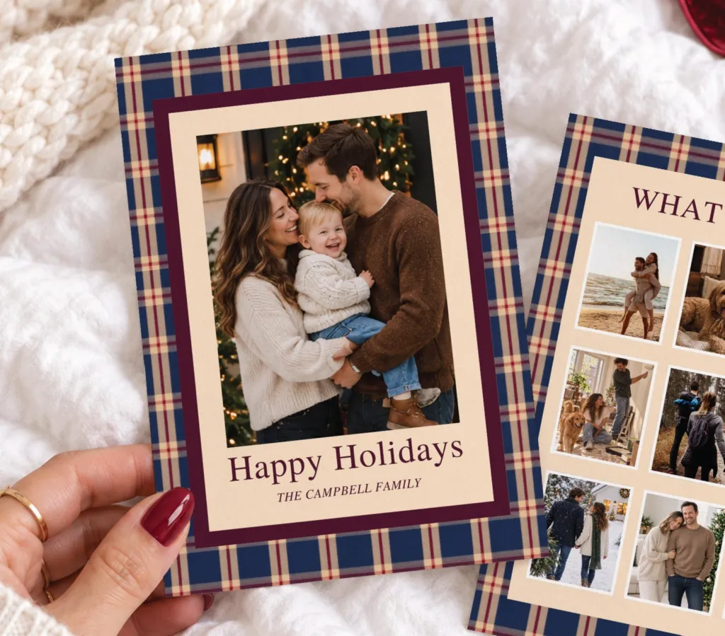 Navy Plaid Family Christmas Photo Card Template — Plaid Christmas Card Template Family Holiday Photo Card Printable