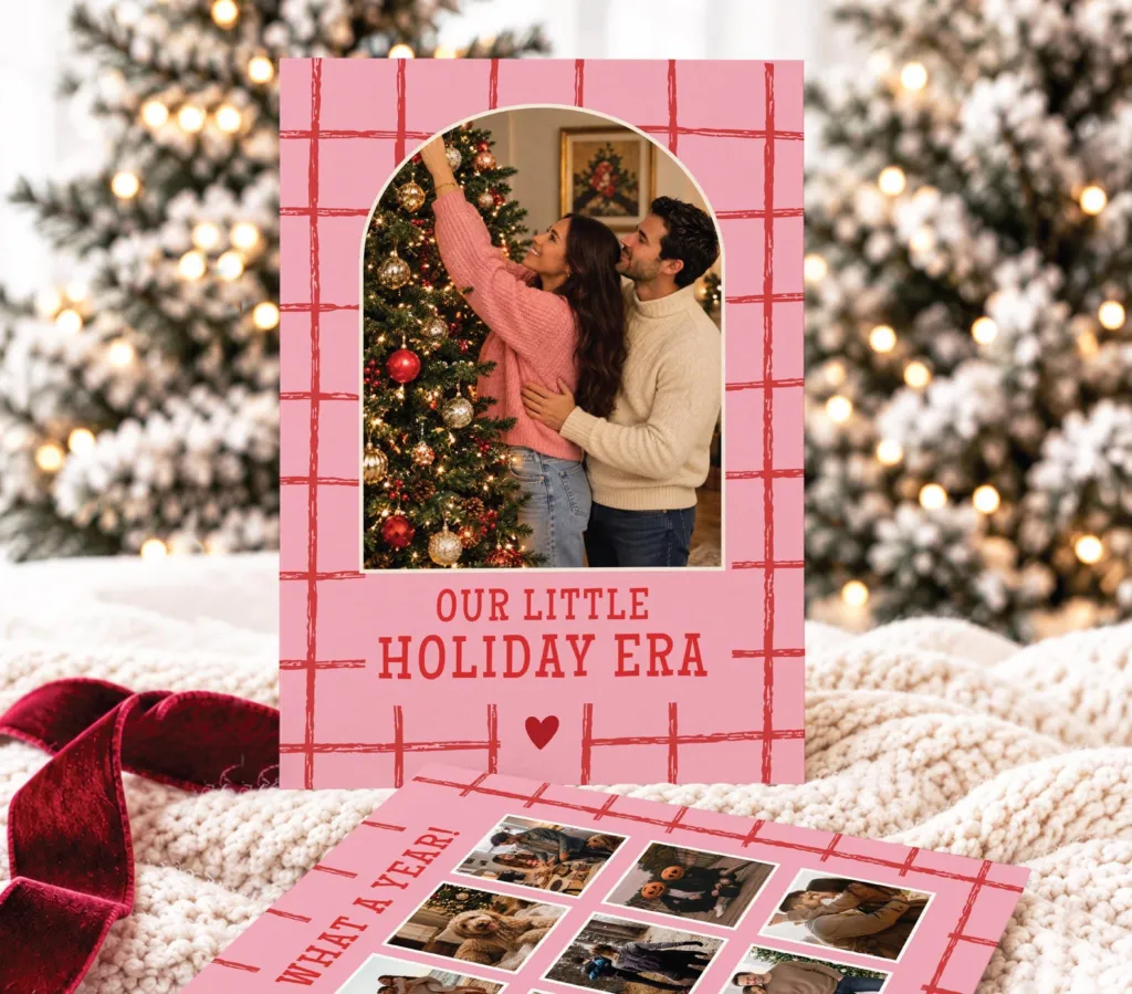 Christmas Card Idea Xmas Photo Template Couple Holiday Card Printable Pink Checkered