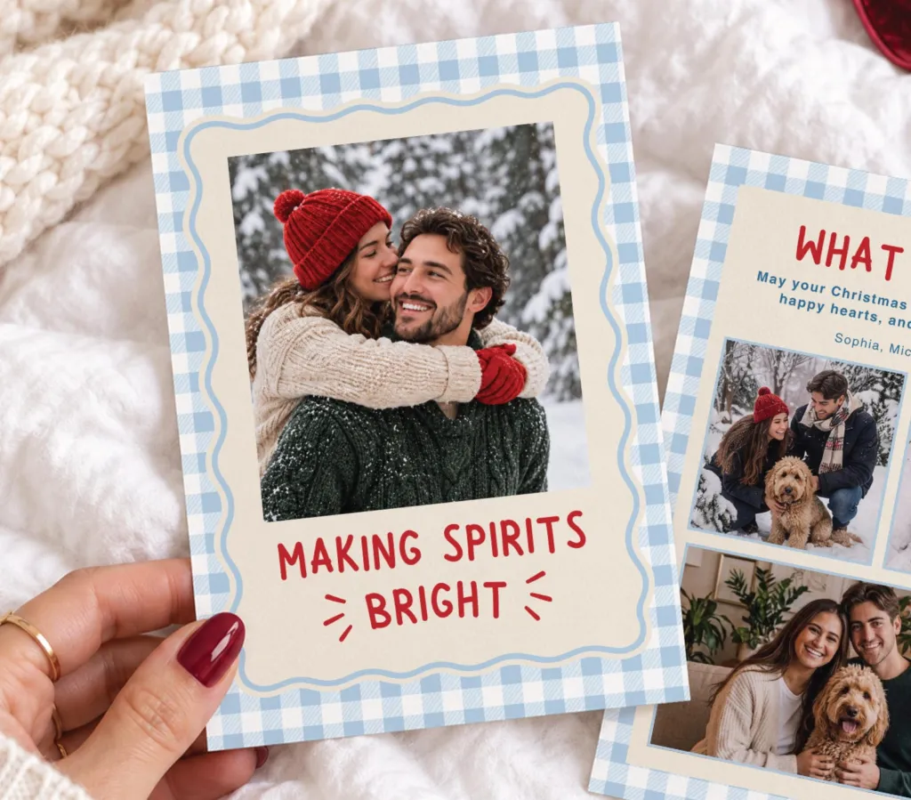 Blue Gingham Christmas Card Template Couple Holiday Photo Card Editable