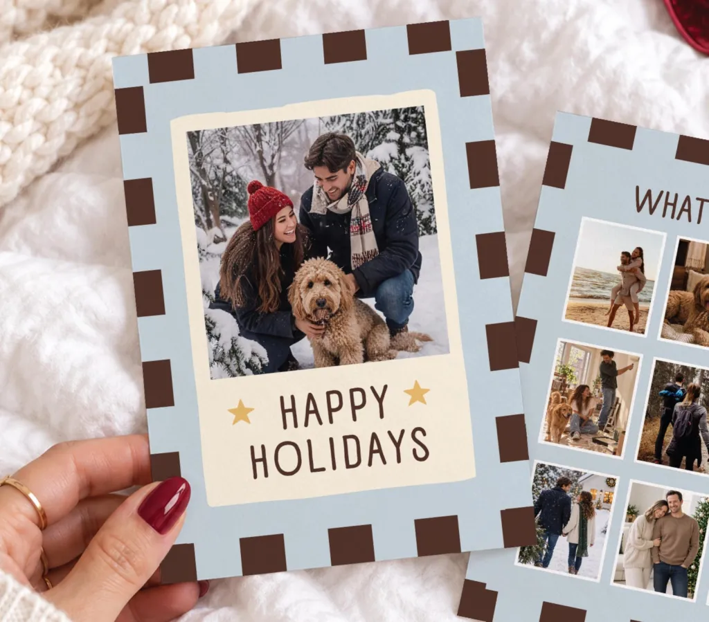 Blue & Brown Checkerboard Christmas Photo Card Template — Christmas Card Template Unique Holiday Photo Template Printable