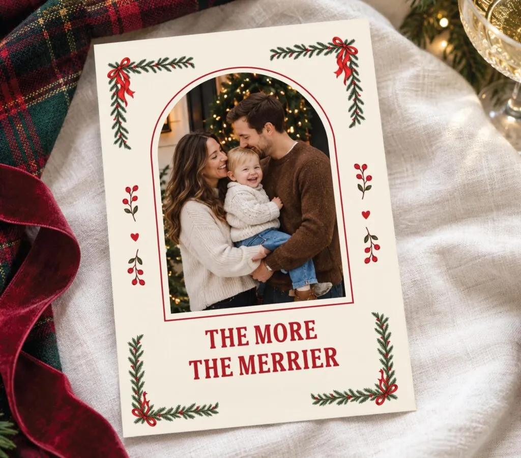 Family Christmas photo card template with a family portrait and holiday photo collage