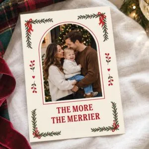 Family Christmas photo card template with a family portrait and holiday photo collage