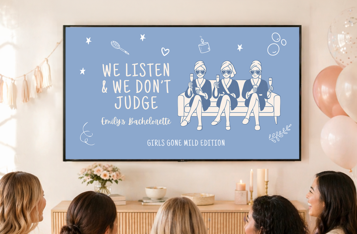 Bachelorette party guests watching a personalized party game on screen
